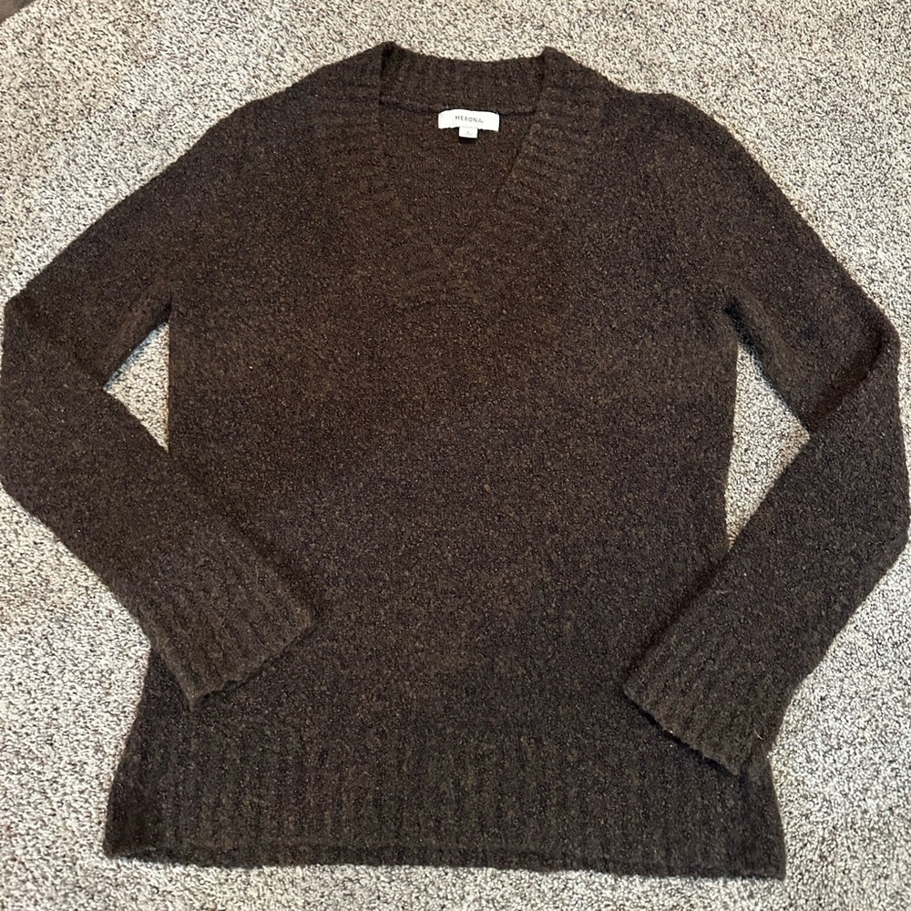 Merona wool Blend Chocolate Brown V neck sweater Nubby Texture basic